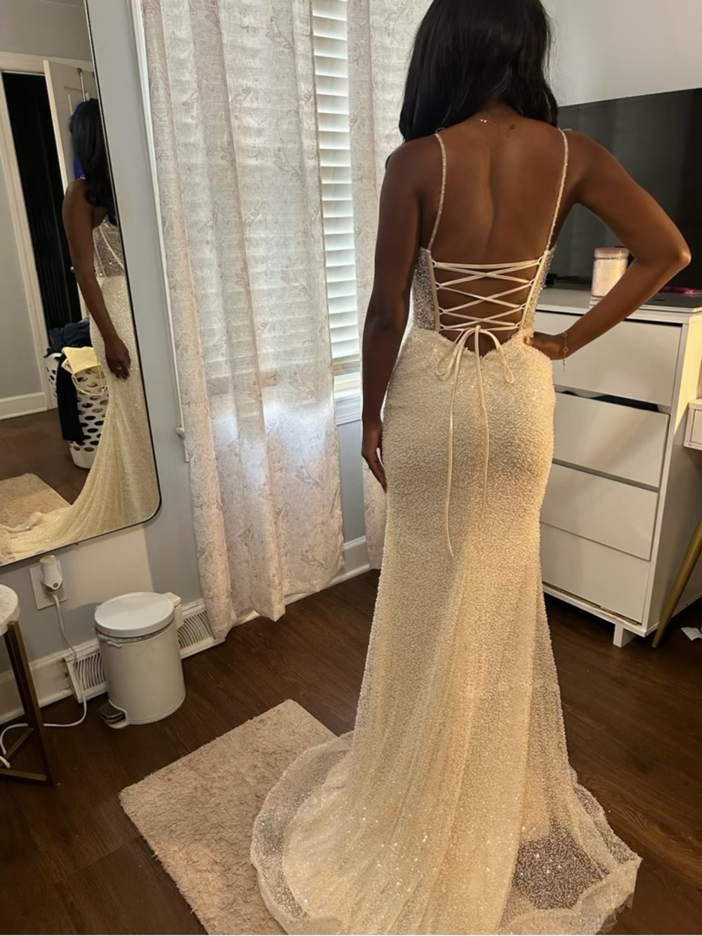 Sherri Hill Ivory Beaded Prom Gown with Corset Bodice and High Slit - Picture 6 of 6